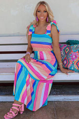 Multicolor Striped Print Bow Knot Straps Sleeveless Maxi Dress