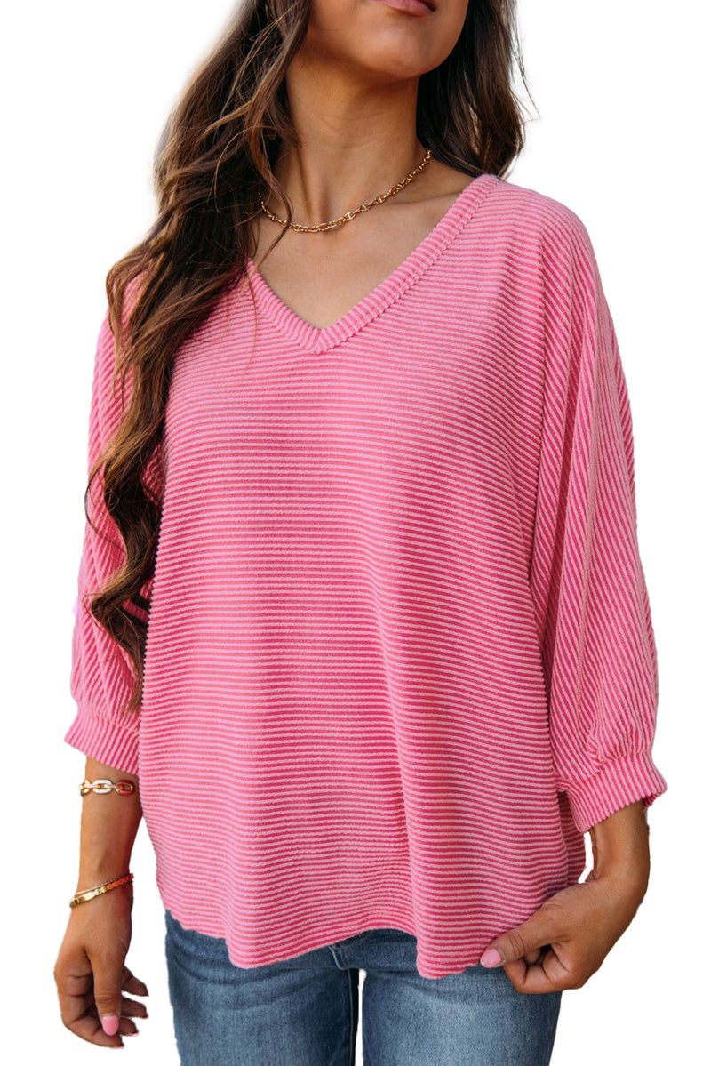 Strawberry Pink Ribbed Striped V Neck Bracelet Sleeve Top