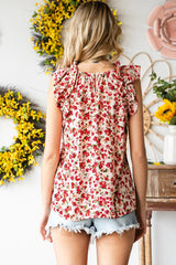 Red Boho Floral Print Ruffled Mock Neck Sleeveless Shirt