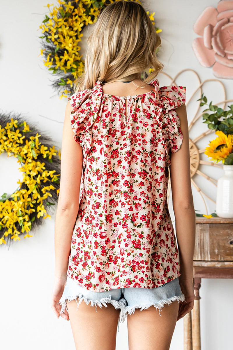 Red Boho Floral Print Ruffled Mock Neck Sleeveless Shirt