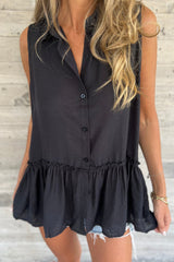 Black Plain Frill Ruffle Hem Sleeveless Shirt