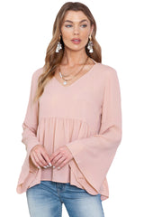 Pink Bell Sleeve Top V Neck Tie Back Peplum Blouse