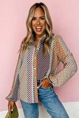 Brown Dot Print Long Sleeve Button Down Shift Shirt