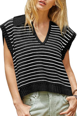 Black Stripe Turn-down Collar Sleeveless Knitted Top