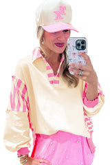 Pink Stripe Colorblock Collared French Terry Top