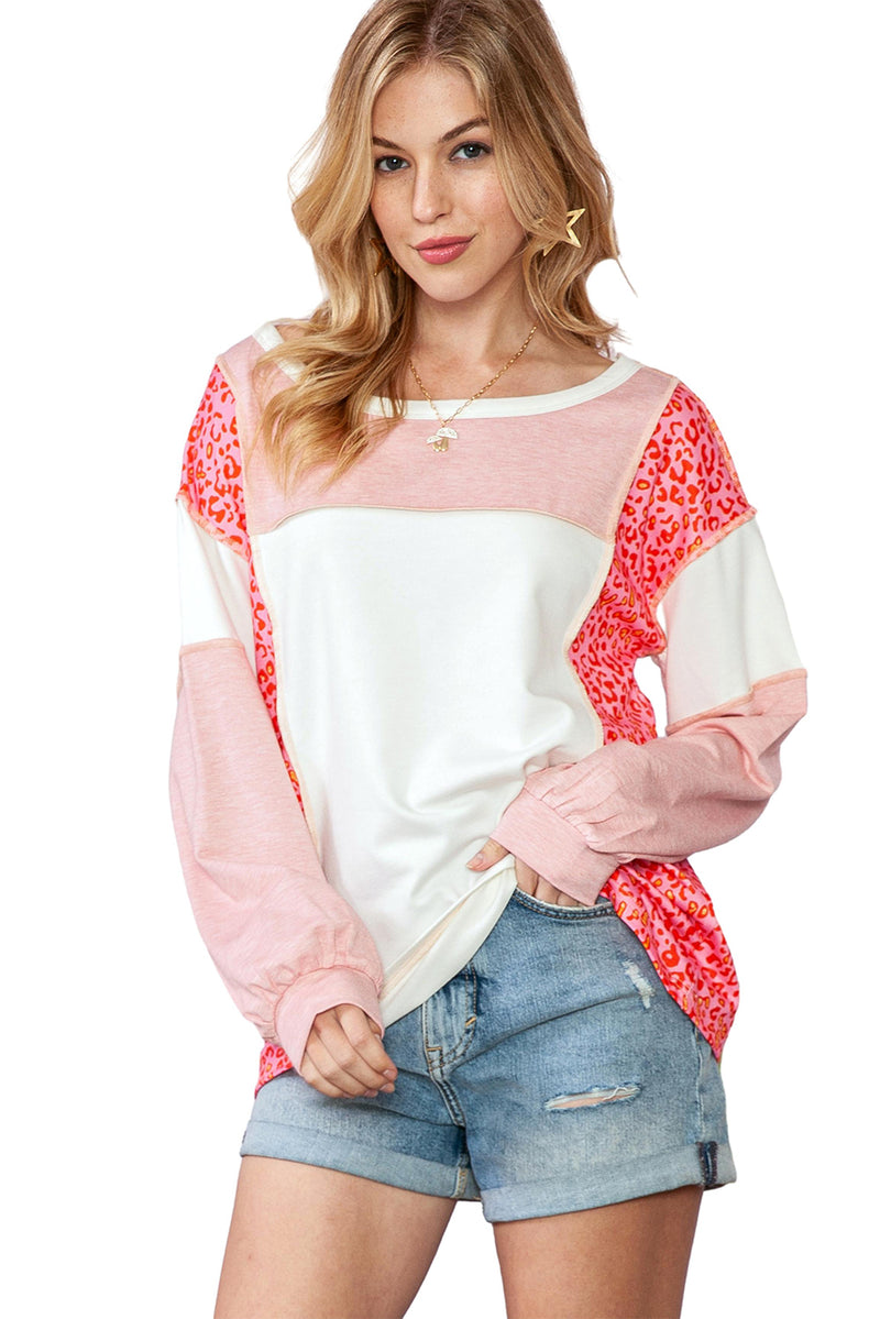 Peach Blossom Patchwork Long Sleeve Round Neck Top