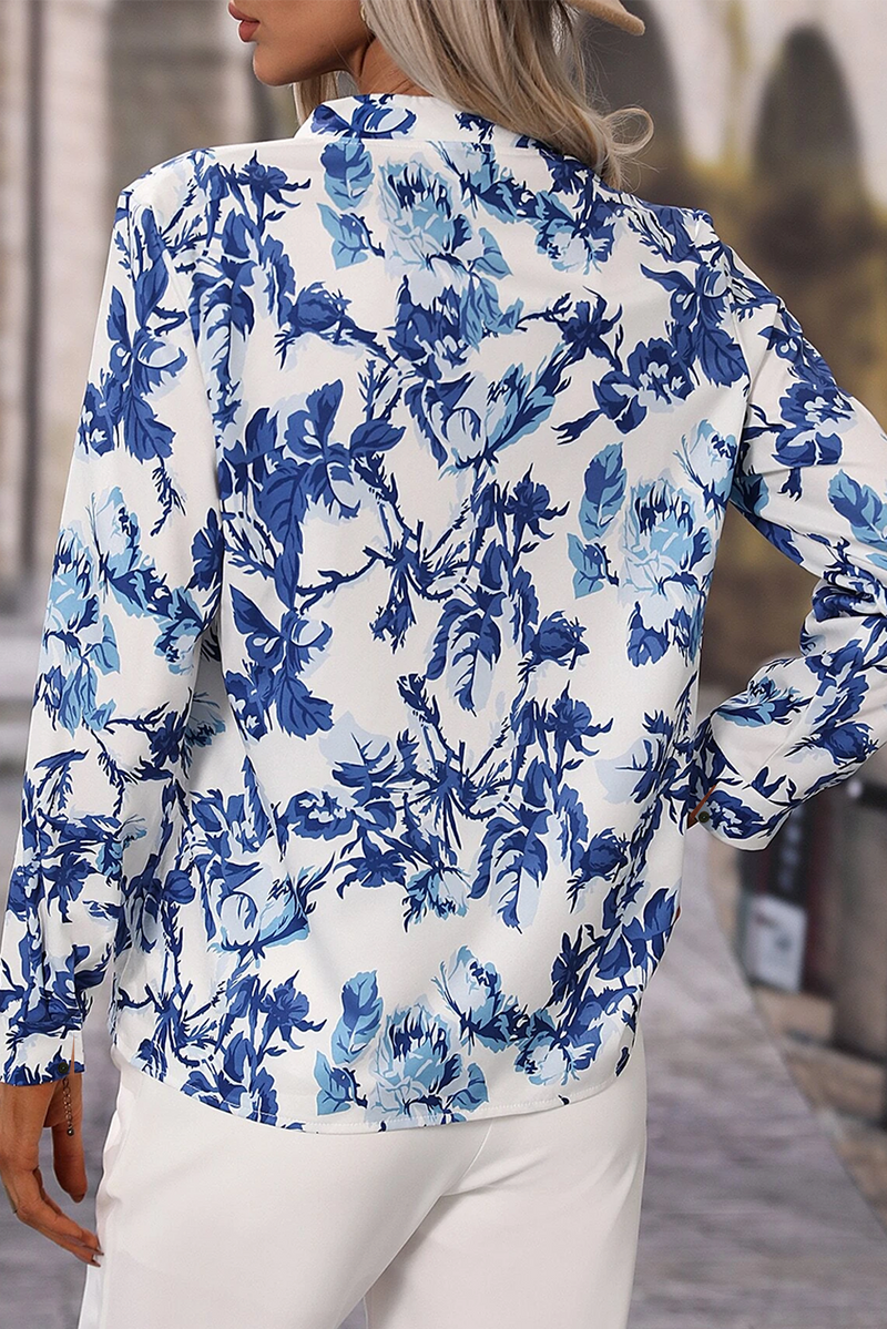 Sky Blue Floral Print Notched V Neck Blouse