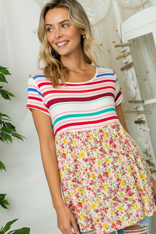 MULTI STRIPE FLORAL PRINT MIXED TOP