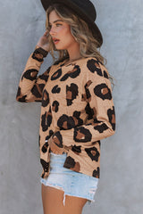 White Leopard Print Casual Loose Long Sleeve Top