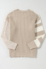 Khaki Cable Knit Colorblock Crew Neck Drop Shoulder Sweater