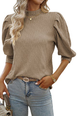 Taupe Textured Ruched Puff Sleeve Mock Neck Top