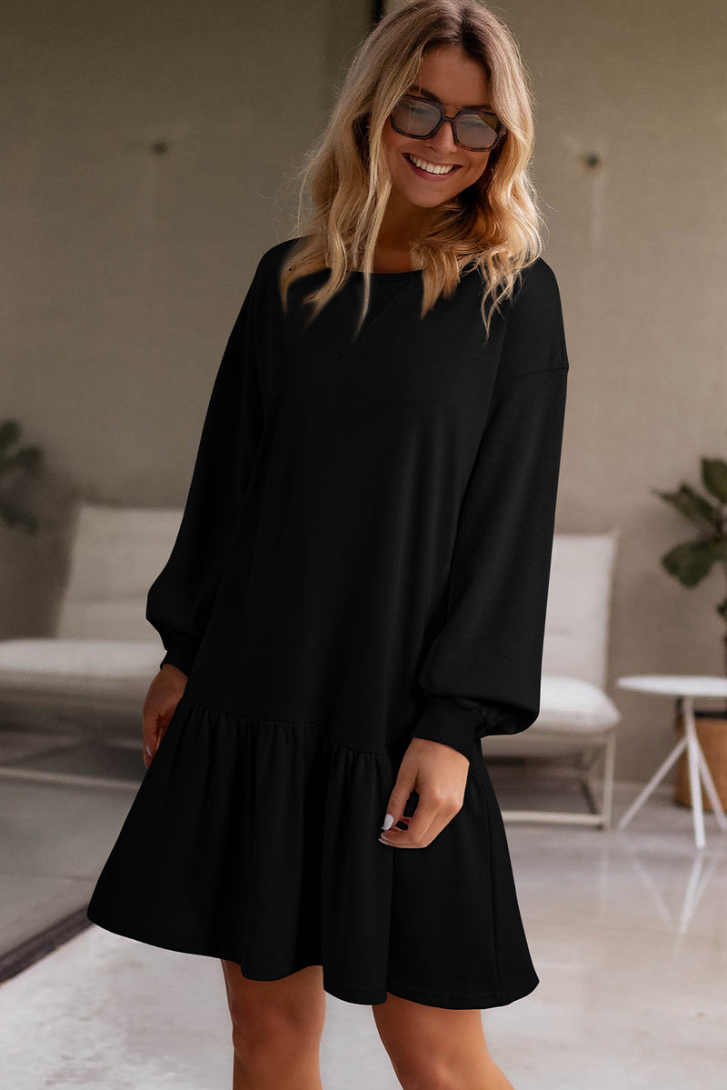 Black Solid Color Ruffle Hem Mini Sweatshirt Dress