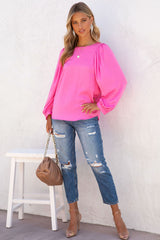 Pink Plain Satin Puff Long Sleeve Crewneck Blouse