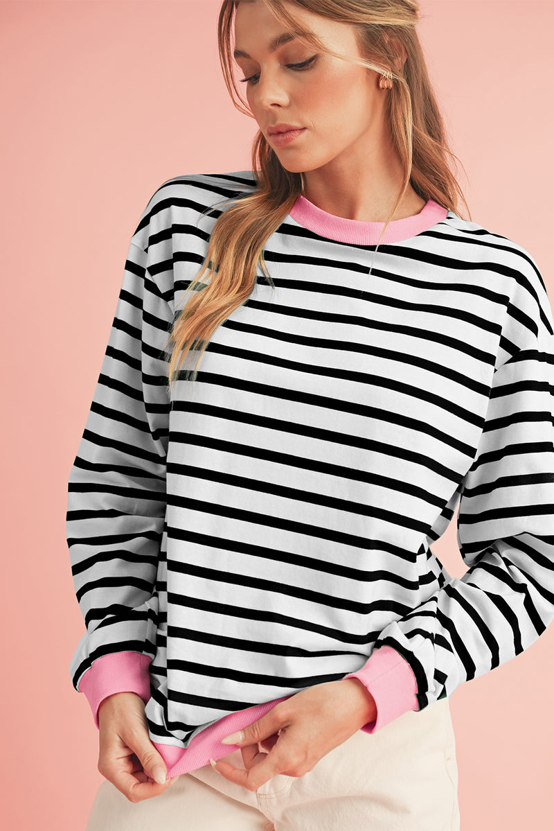 Black Striped Contrast Trim Long Sleeve Top