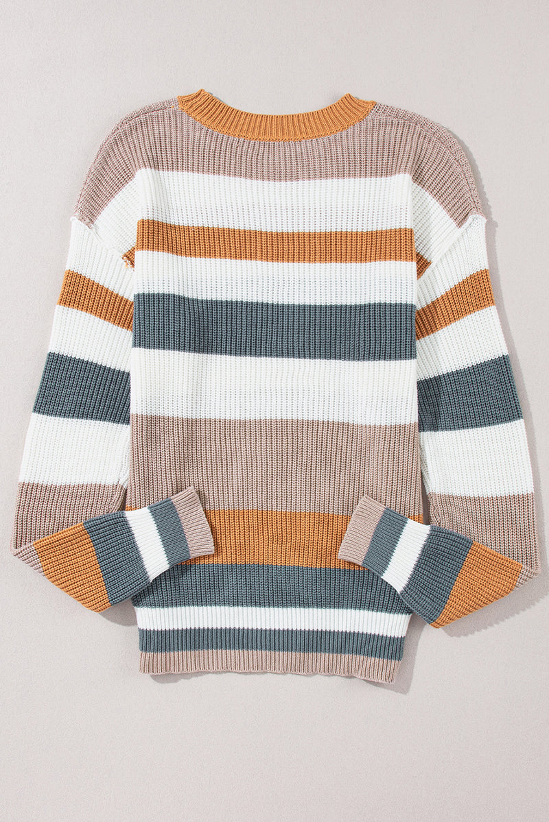 Camel Ribbed Round Neck Color Block Knitted Sweater