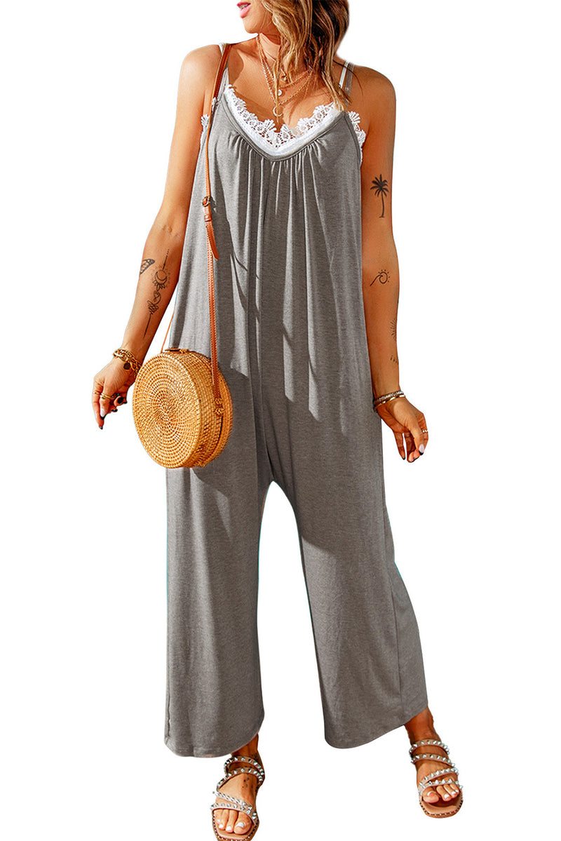 Black Casual Spaghetti Straps Wide Leg Pocketed Jumpsuits