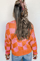 Orange Checkered Buttoned V Neck Drop Shoulder Cardigan