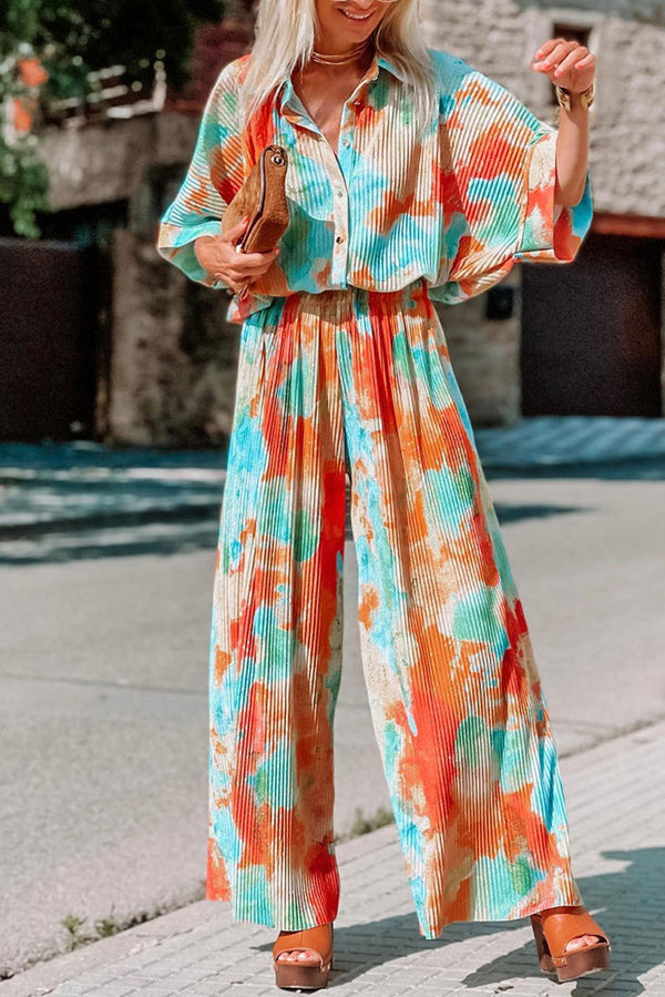 Multicolor Bohemian Tie Dye Pleated Wide Leg Jumpsuit