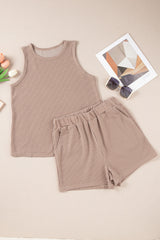 Black Corded Sleeveless Top and Pocketed Shorts Set