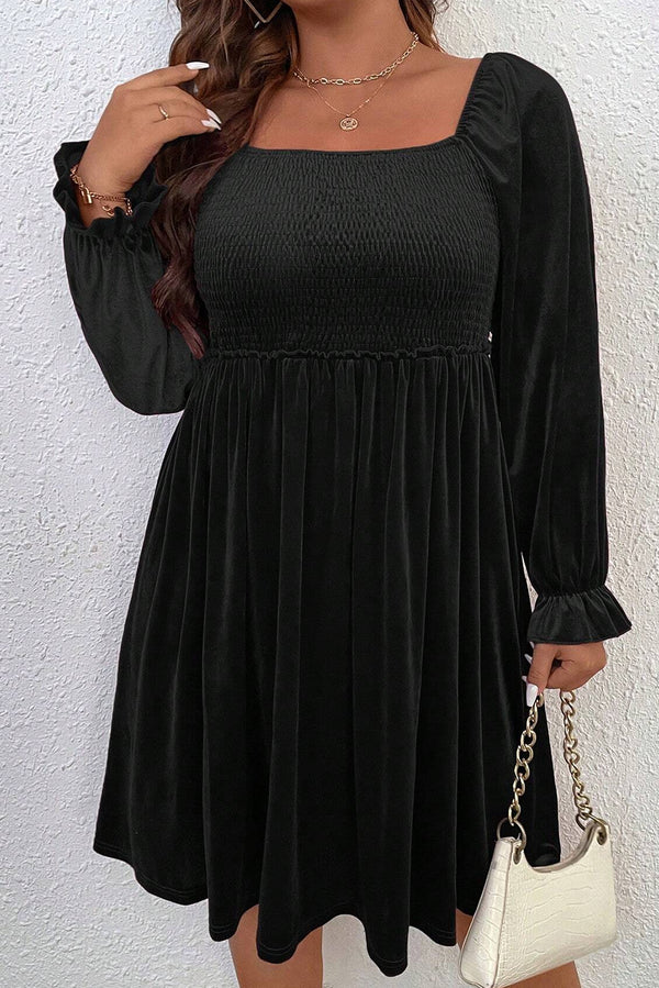 Black Velvet Flounce Sleeve Shirred Bodice Plus Size Babydoll Dress