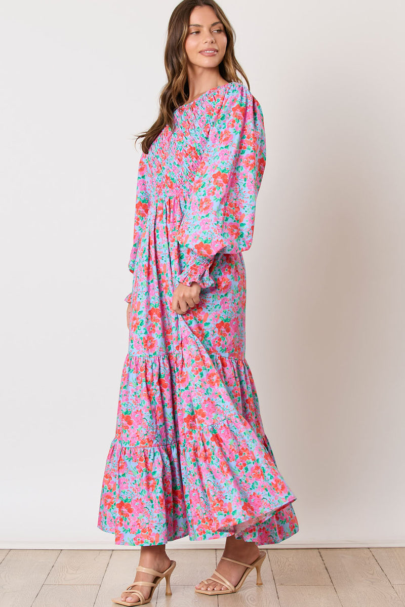 Sky Blue Boho Floral Print Smocked Lantern Sleeve Tiered Maxi Dress