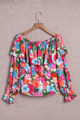 Multicolor Bohemian Floral Print Shirred Ruffle Off Shoulder Blouse