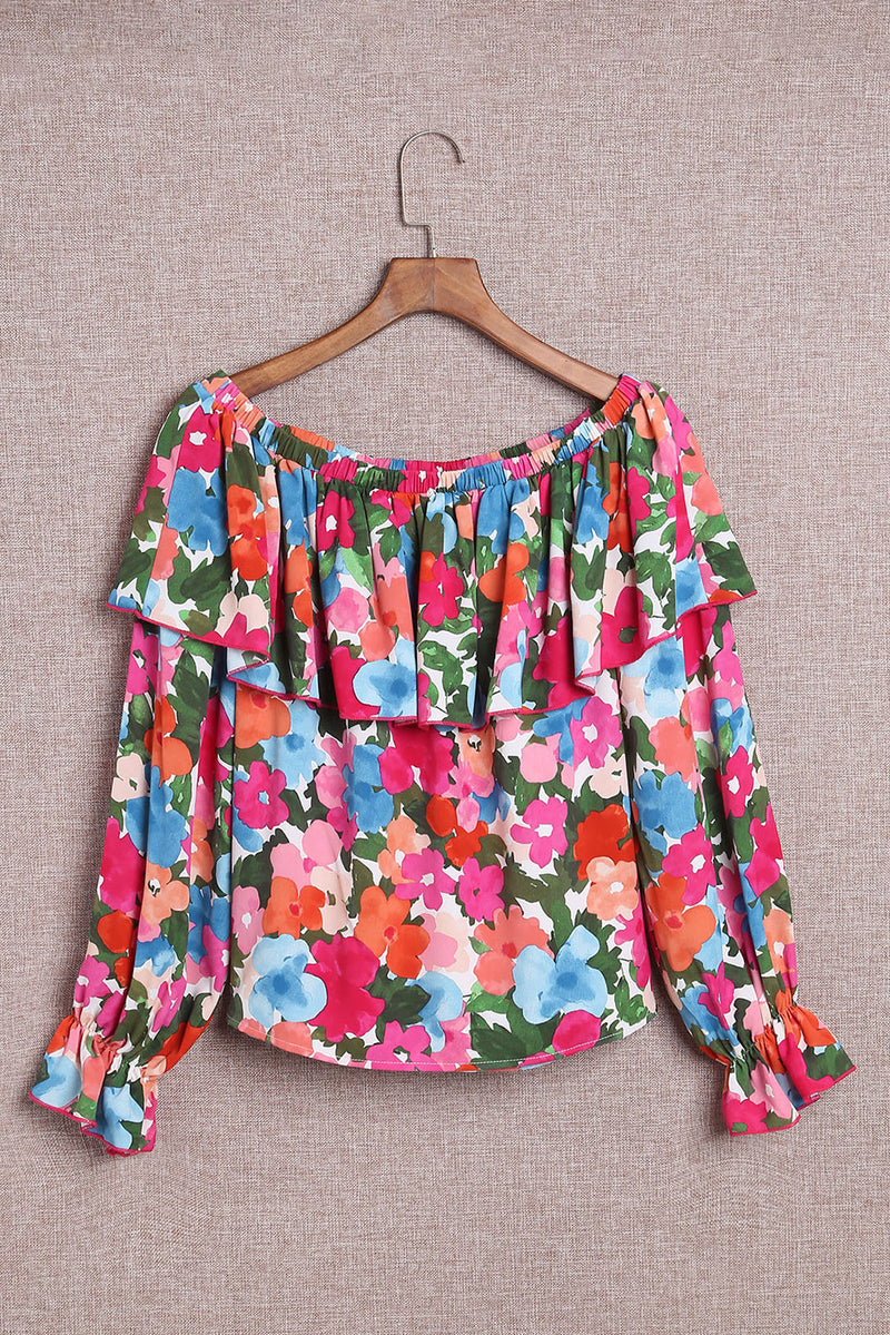 Multicolor Bohemian Floral Print Shirred Ruffle Off Shoulder Blouse