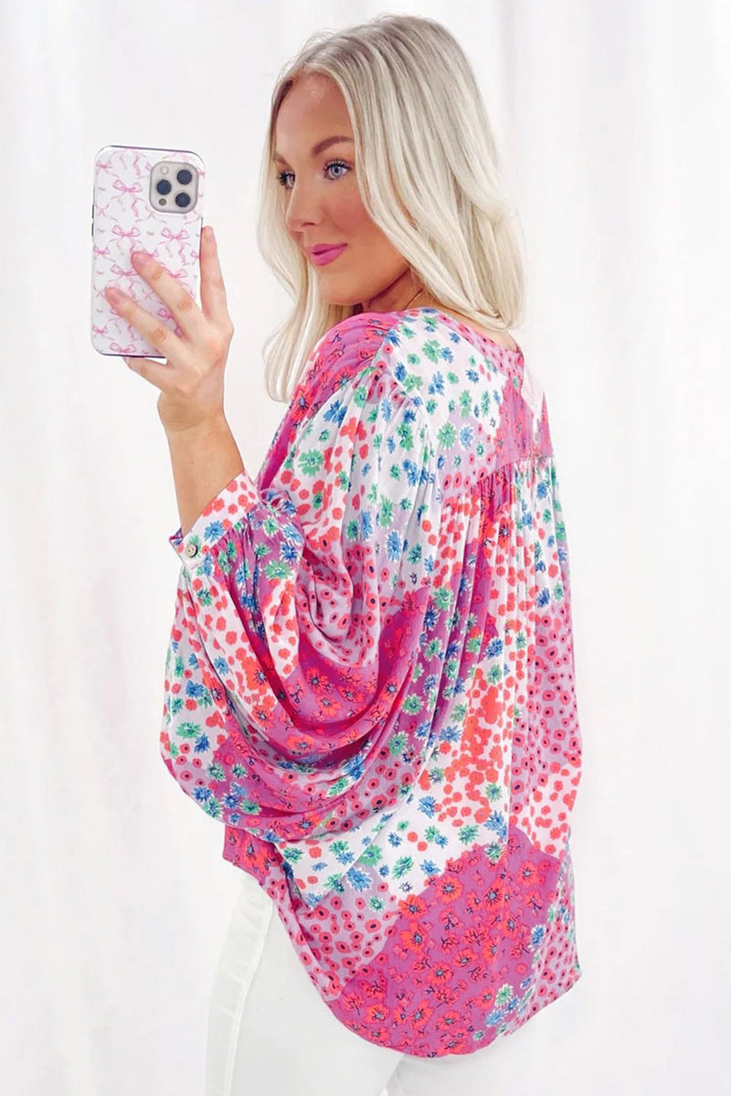 Rose Red Floral Print Dolman Sleeve Blouse