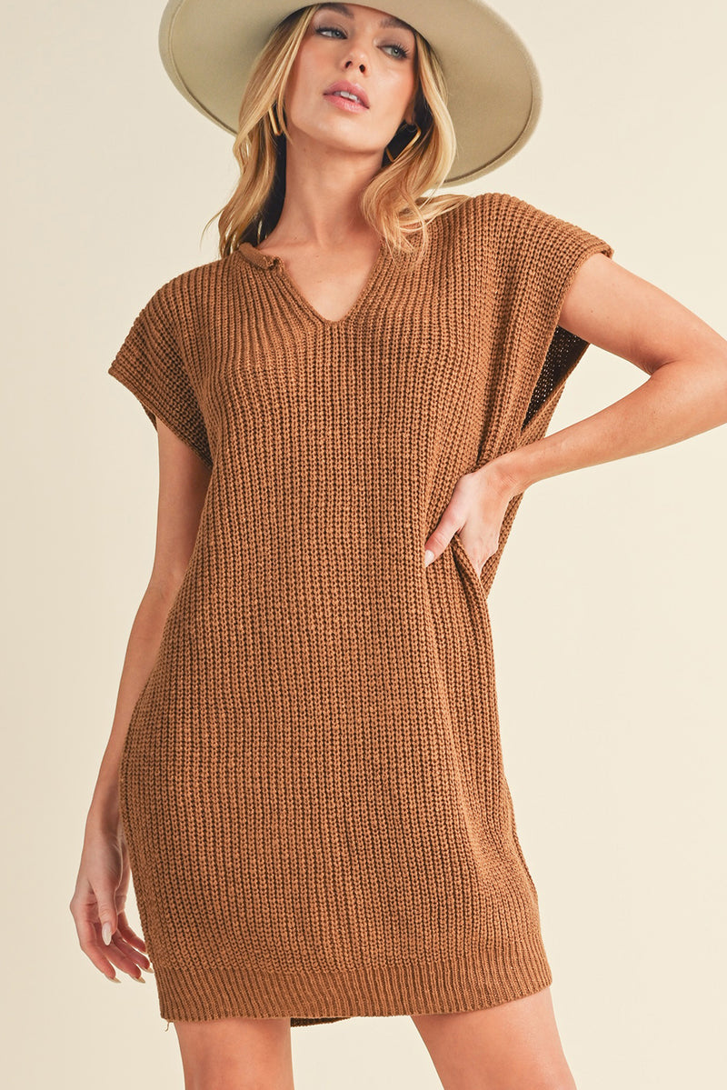 Camel V Neck Loose Fit Mini Knitted Dress