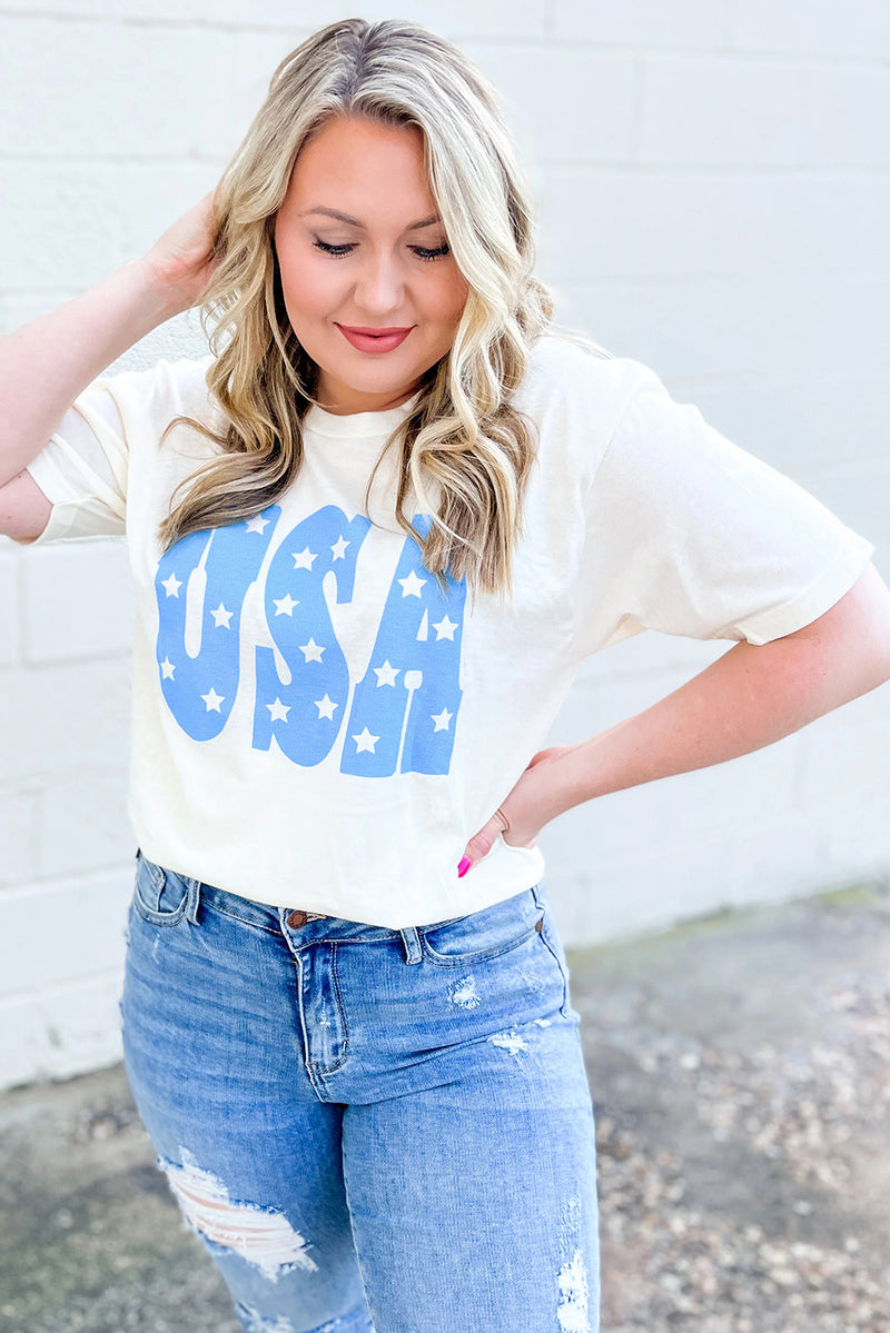 Sky Blue Stars Graphic USA Patriotic Plus Size Tee