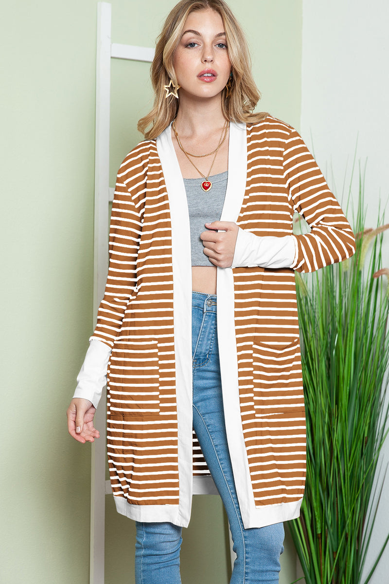 White Striped Side Pockets Open Front Long Cardigan