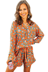 Orange Leopard Print Long Sleeve Shirt and Shorts Pajama Set