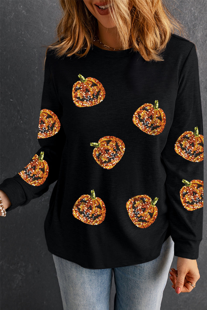 Black Halloween Sequin Pumpkin Face Graphic Sweatshirt