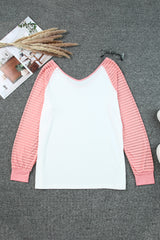 White and Pink V Neck Pullover Long Sleeve Shirt