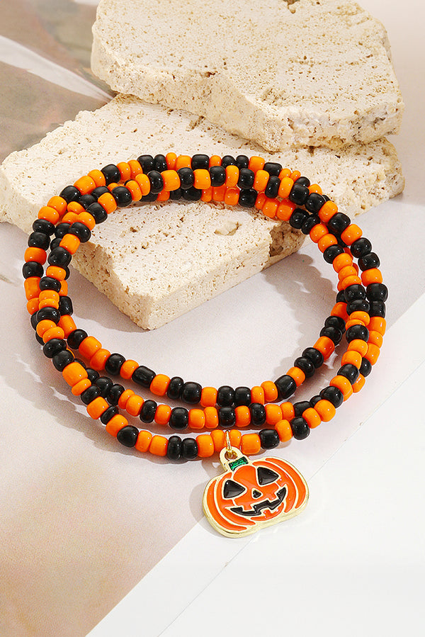 Orange Pumpkin Face Pendant Rice Beaded Halloween Necklace