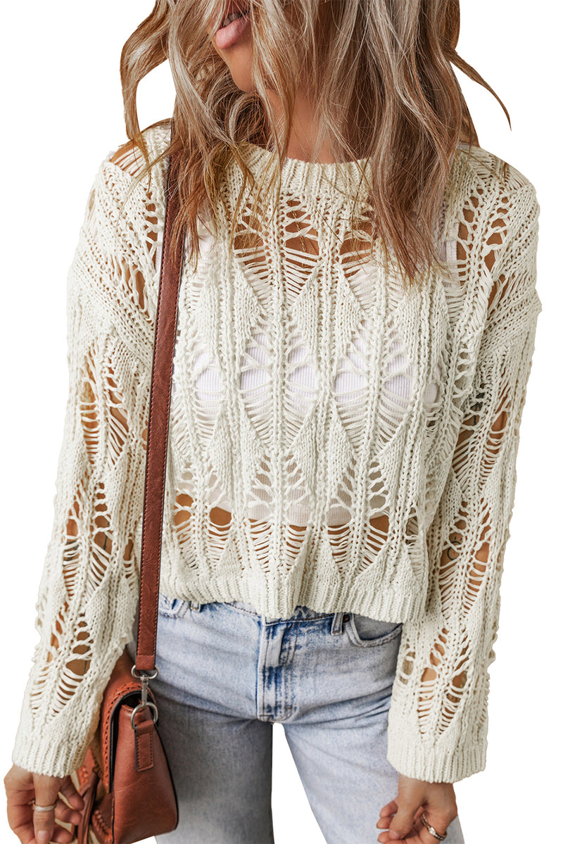 White Cut Out Crochet Loose Fit Sweater