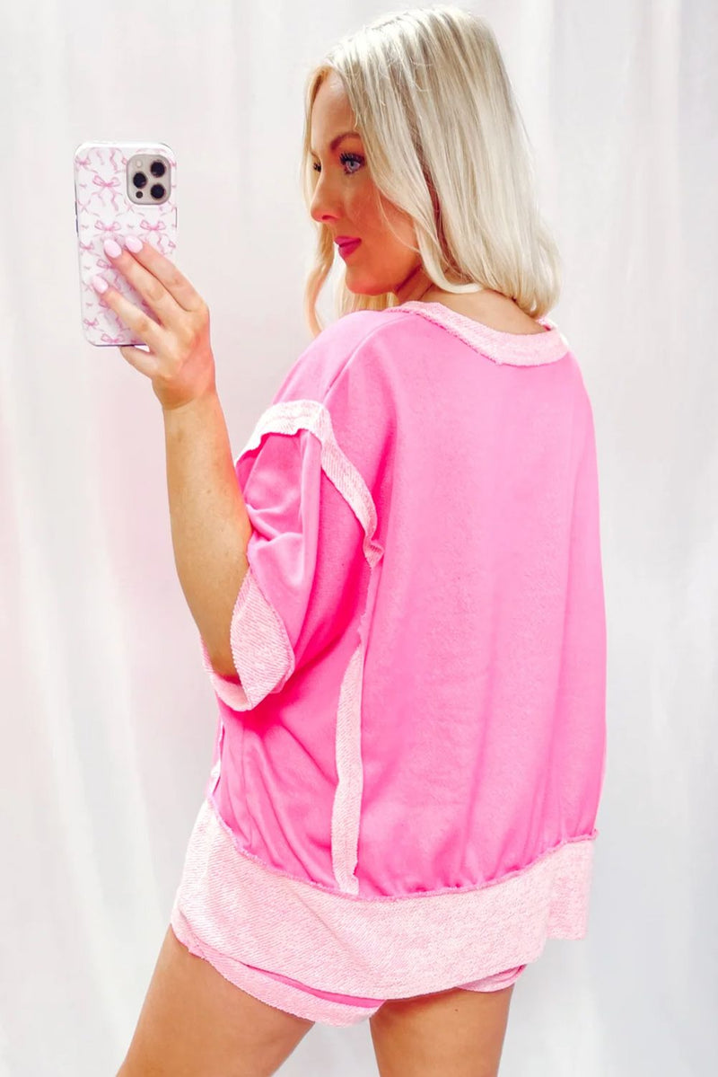 Sachet Pink Terry Cloth Patchwork Oversized Top & Shorts Set