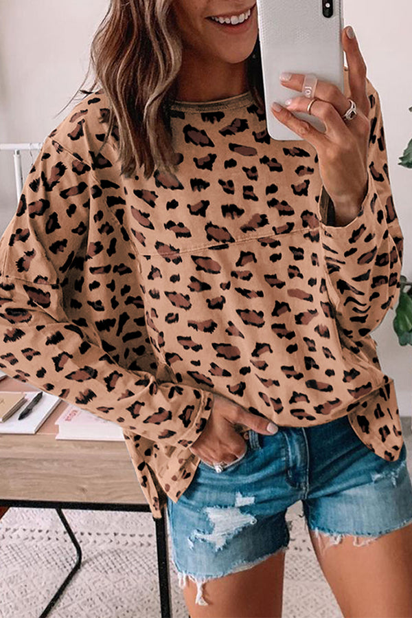 Brown Leopard Stitching Loose Long Sleeve Top