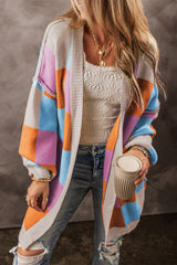 Orange Checkered Drop Shoulder Exposed Seam Open Front Cardigan