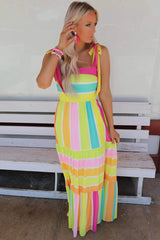 Multicolor Striped Print Bow Knot Straps Sleeveless Maxi Dress