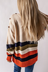 Colorblock Striped Button Drop Shoulder Pullover Sweater