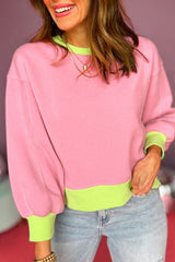 Pink Contrast Trim Bubble Sleeve Sweatshirt