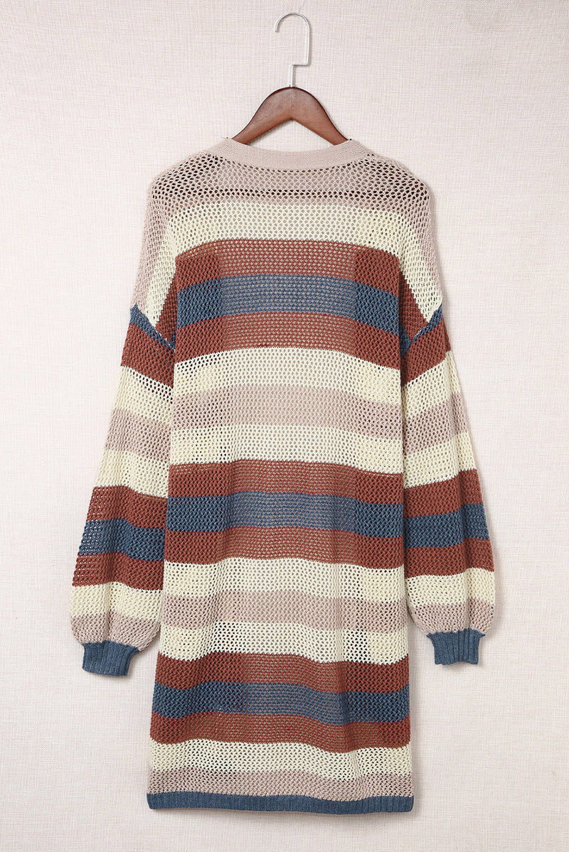 Black Striped Color Block Casual Hollow Cable Knit Cardigan