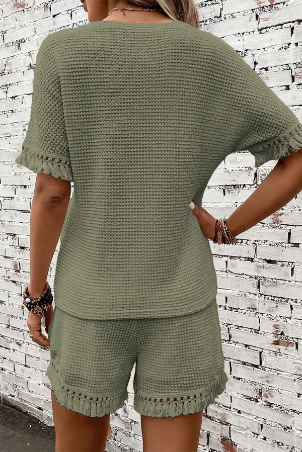 Laurel Green Fringe Trim Waffle Knit Textured Shorts Set