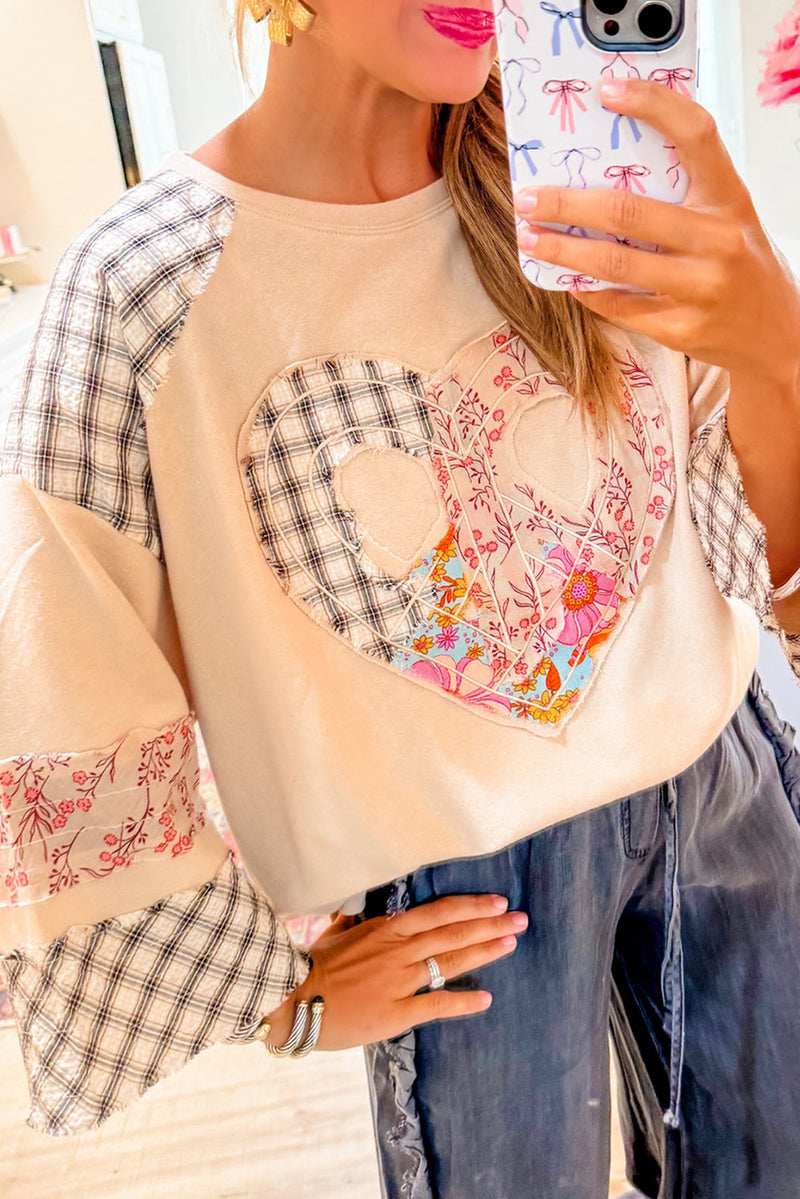 Aqua Plaid Floral Patchwork Heart Long Sleeve Top