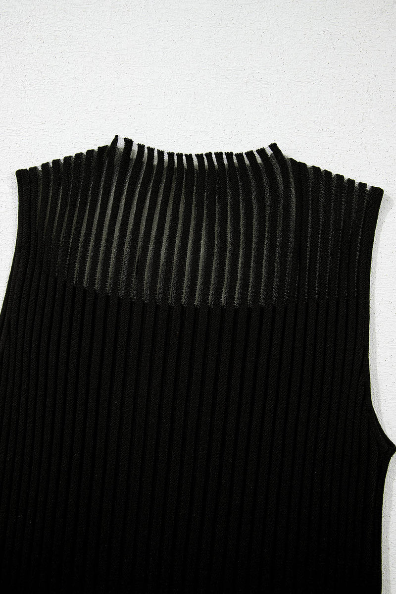 Black Ribbed Texture Striped Mesh Knitted Top