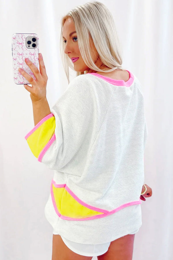 White Colorblock 3/4 Sleeve Relaxed Top