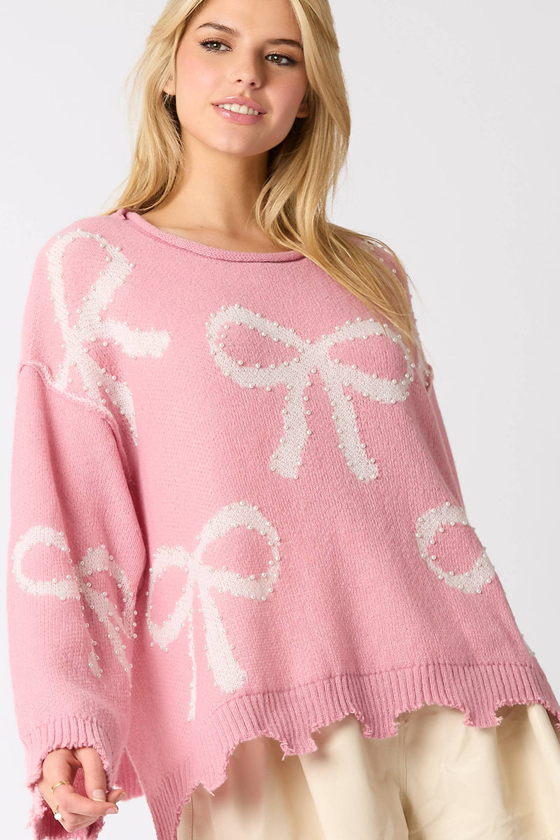 Pink Bow Pattern Pearl Embellished Raw Hem Sweater