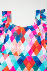 Multicolor Plaid Print Square Neck Frill Sleeveless Backless One-piece Swimwear