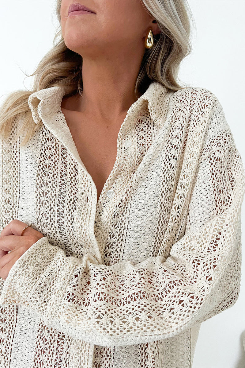 Beige Lace Crochet Collared Button Up Oversized Shirt